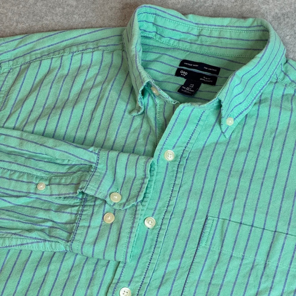 Gap Mens Slim Fit Vintage Wash Stripe Oxford Button Down Shirt Green Large